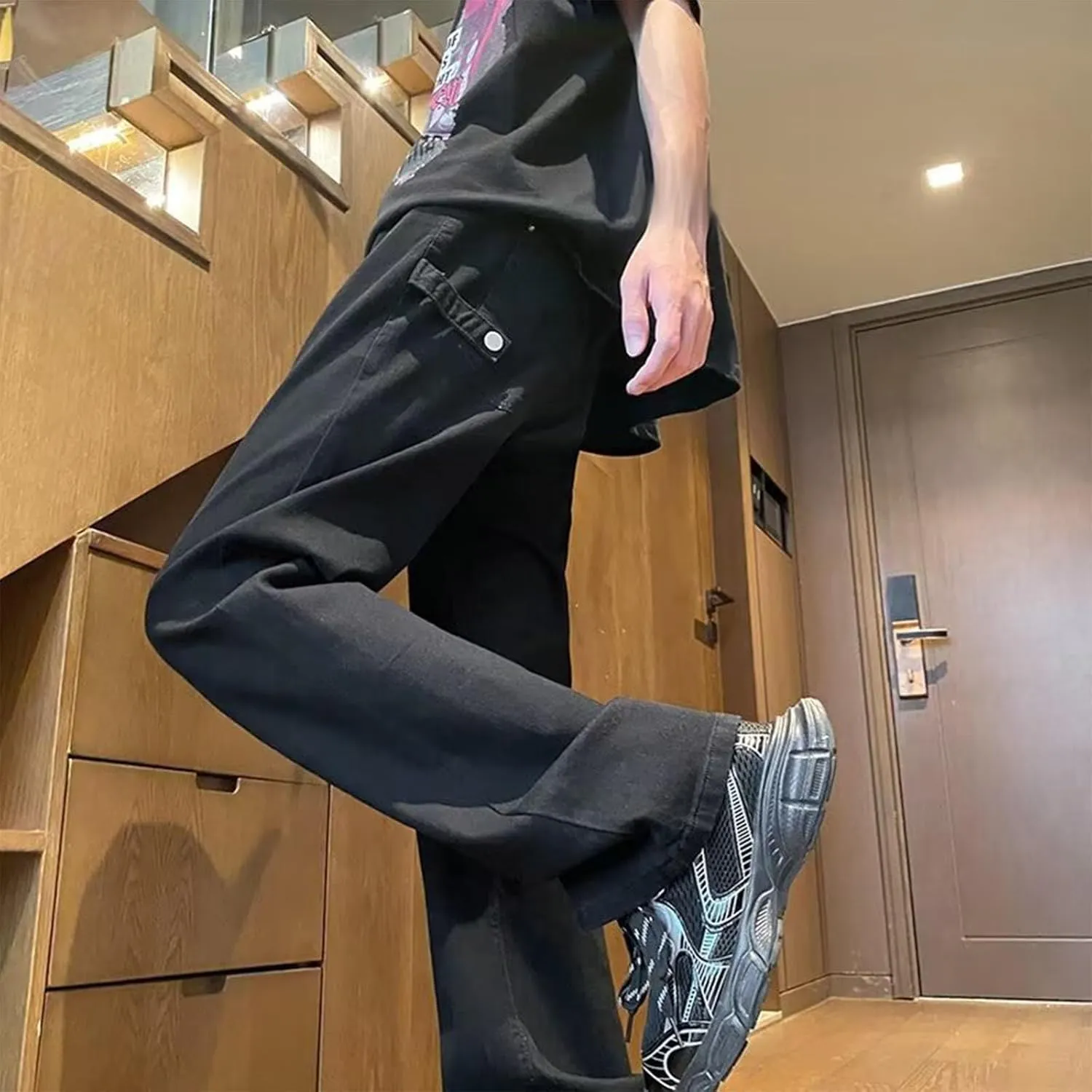 Mens Stretch Jeans Relaxed Fit Loose Fit Straight Leg Denim Jeans Baggy Wide Leg Plain Pants Trousers Baggy Jeans