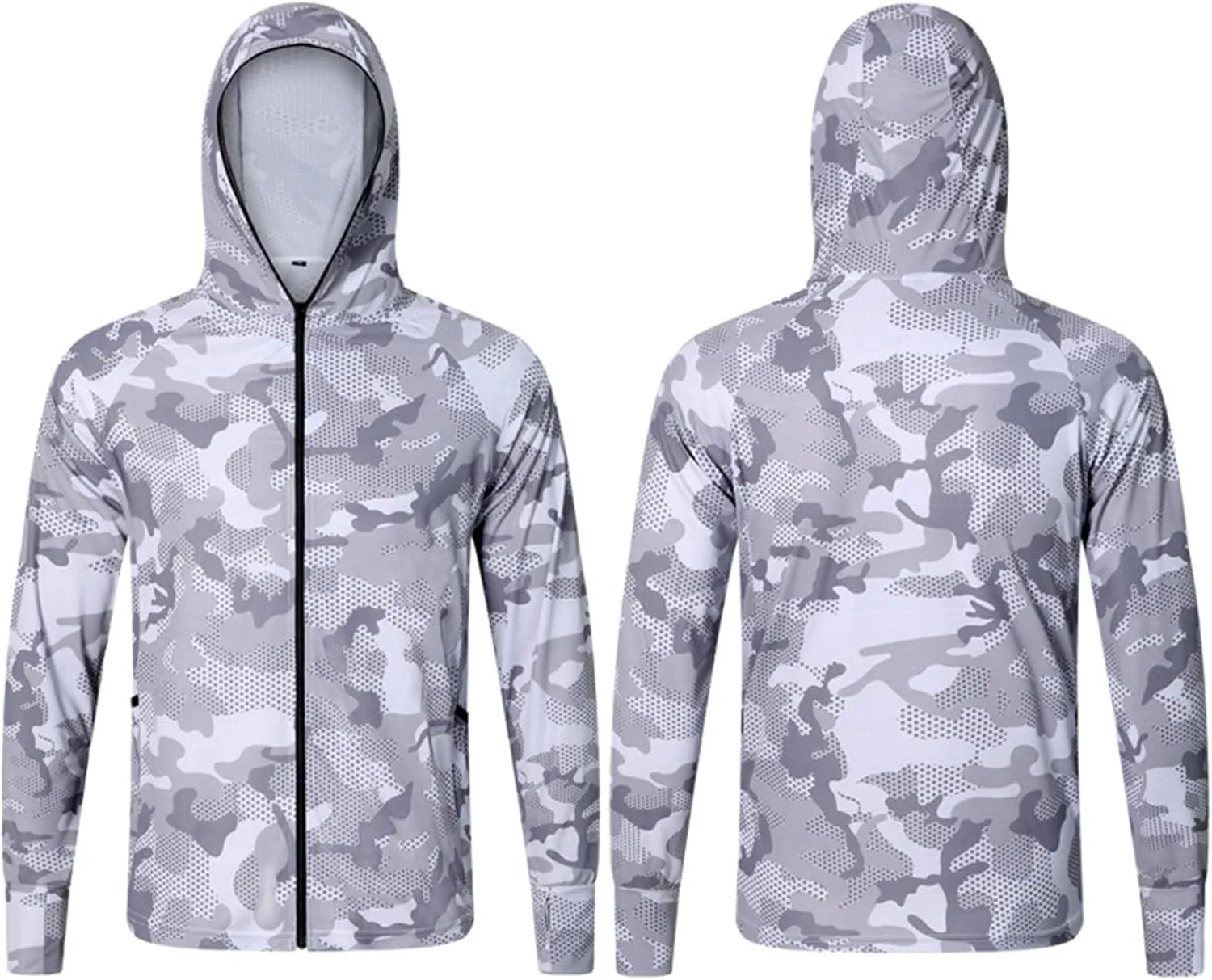 Mens Sun Protection Camouflage Zip Long Sleeve Jacket Breathable Lightweight Hooded Coat Outdoor Fishing Outwear