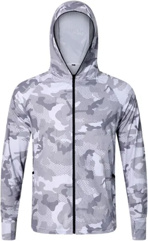 Mens Sun Protection Camouflage Zip Long Sleeve Jacket Breathable Lightweight Hooded Coat Outdoor Fishing Outwear