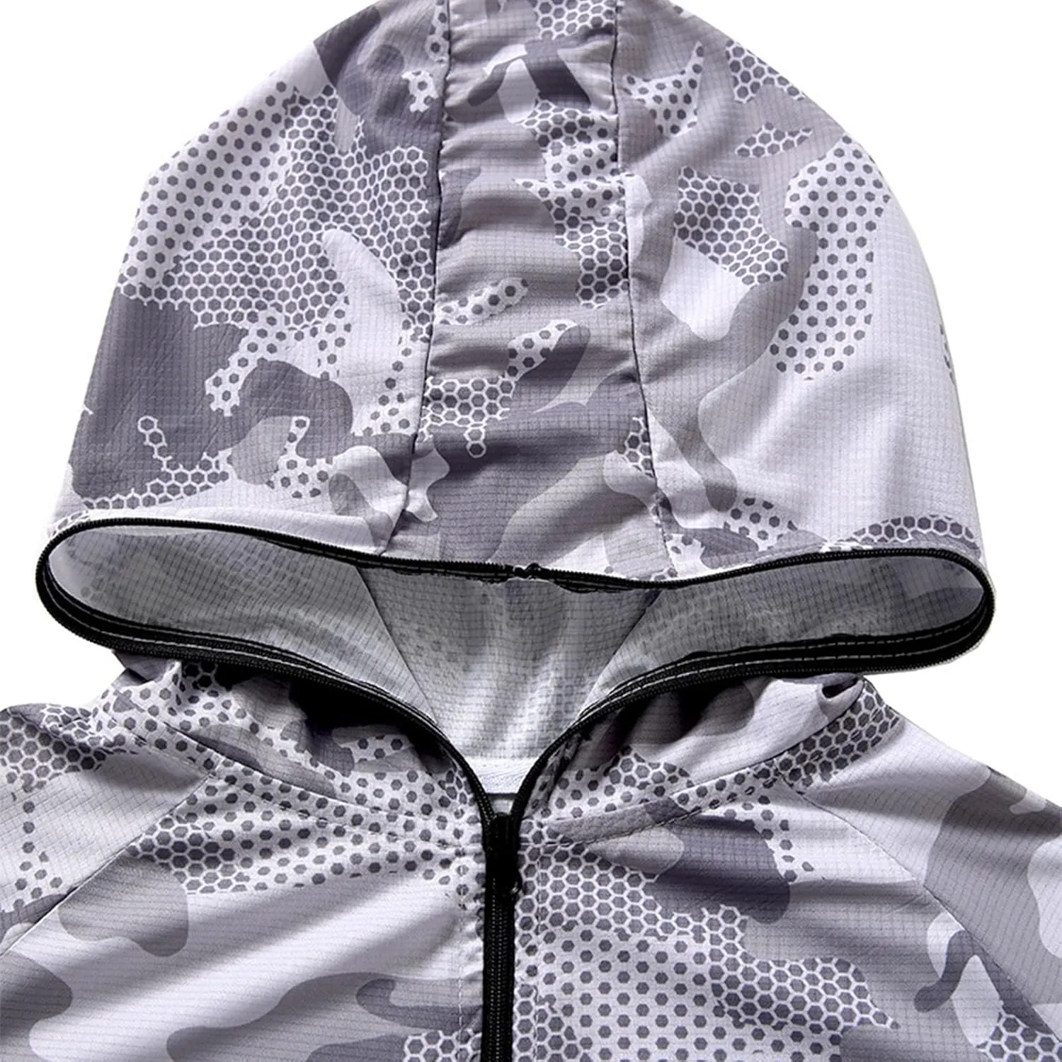 Mens Sun Protection Camouflage Zip Long Sleeve Jacket Breathable Lightweight Hooded Coat Outdoor Fishing Outwear