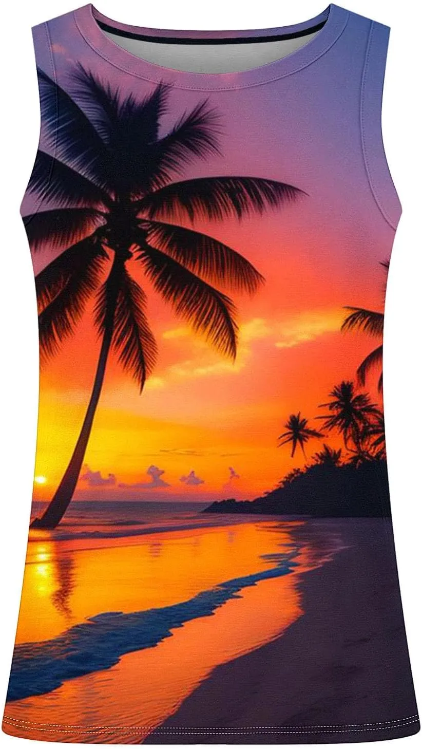Mens Tank Tops Hawaiian Palm Tree T-Shirts Tropical Aloha Beach Sleeveless Shirt Graphic Gym Workout Muscle Tank Tops