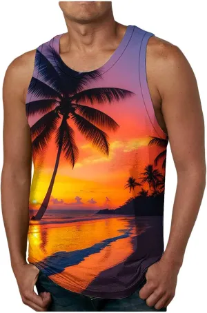 Mens Tank Tops Hawaiian Palm Tree T-Shirts Tropical Aloha Beach Sleeveless Shirt Graphic Gym Workout Muscle Tank Tops