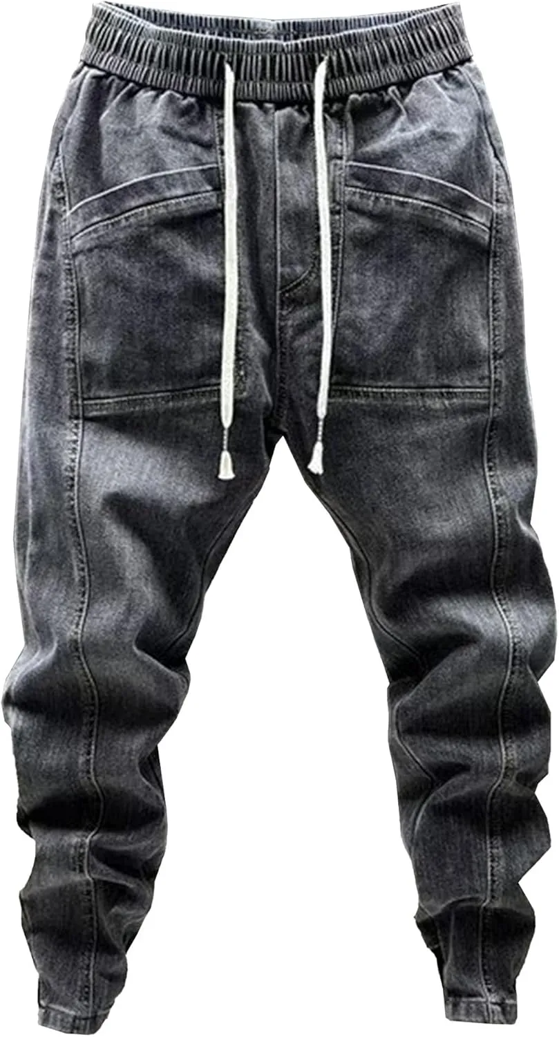 Men's Tapered Leg Jogger Jeans Streetwear Elastic Waist Drawstring Denim Pants Casual Cargo Jeans with Pockets
