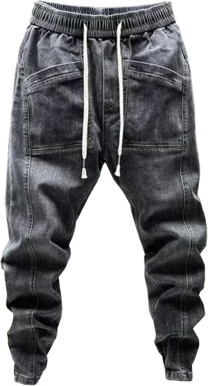 Men's Tapered Leg Jogger Jeans Streetwear Elastic Waist Drawstring Denim Pants Casual Cargo Jeans with Pockets