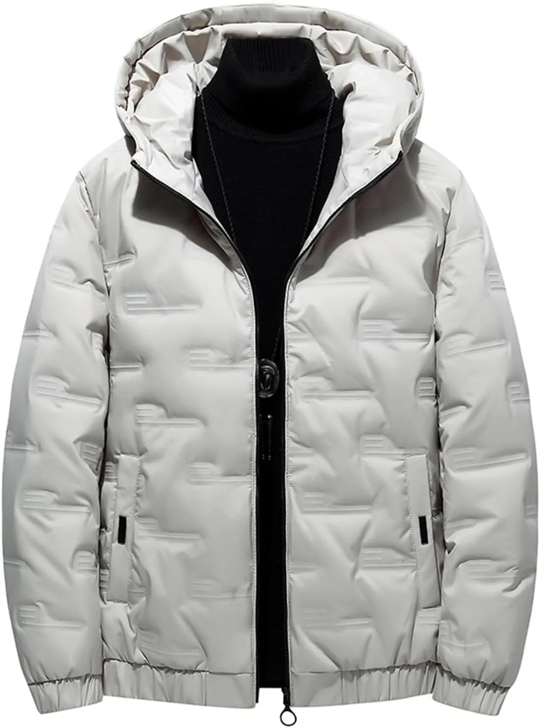 Men's Thickened Short Down Jacket Full Zip Warm Hooded Jacket Fashion Lightweight Windproof Warm Coat with Pockets