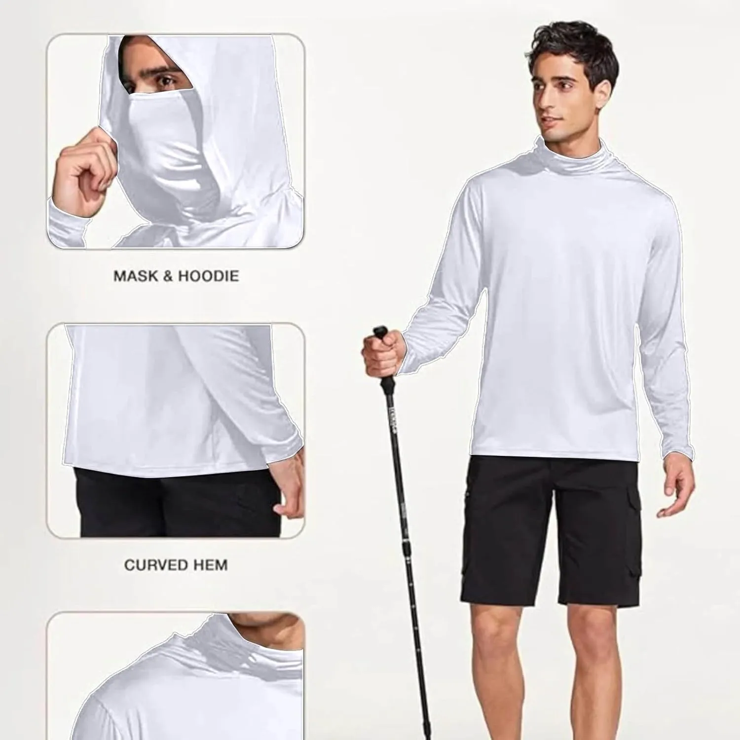 Mens UPF 50  Shirt, Summer UV Sun Protection Hoodies,Long Sleeve Hiking Outdoor Jackets Rash Guard Tops with Mask