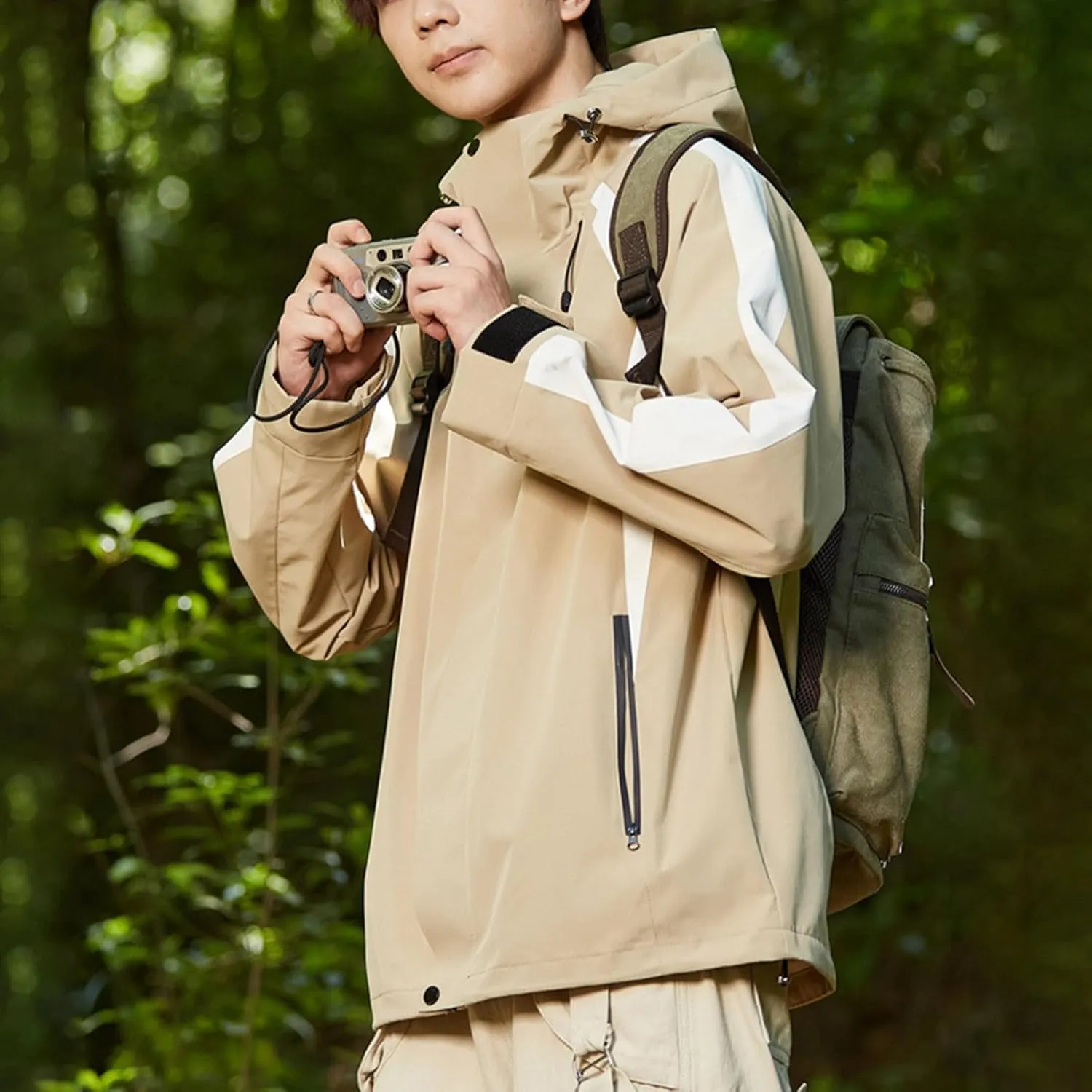 Men's Windproof Outdoor Jacket Drawstring Zipper Long Sleeve Warm Hooded Coat Fashion Snow Jacket with Pockets