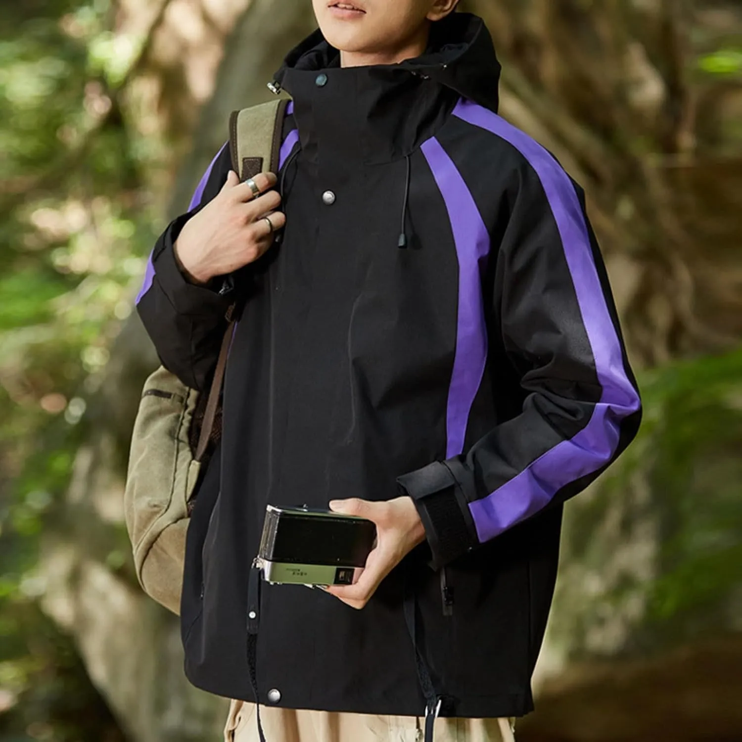 Men's Windproof Outdoor Jacket Drawstring Zipper Long Sleeve Warm Hooded Coat Fashion Snow Jacket with Pockets
