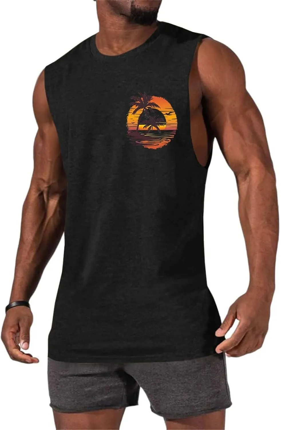 Men's Workout Sleeveless Tank Tops Stylish Gulf of Mexico Print Muscle Cut Off Shirt Summer Casual Beach Vacation Top