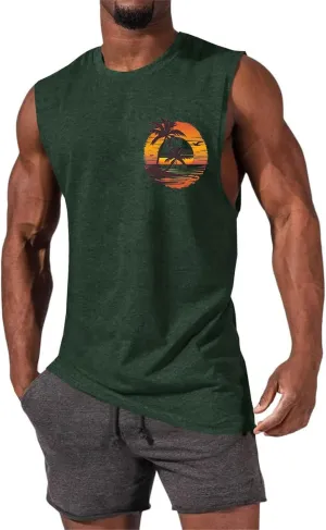 Men's Workout Sleeveless Tank Tops Stylish Gulf of Mexico Print Muscle Cut Off Shirt Summer Casual Beach Vacation Top