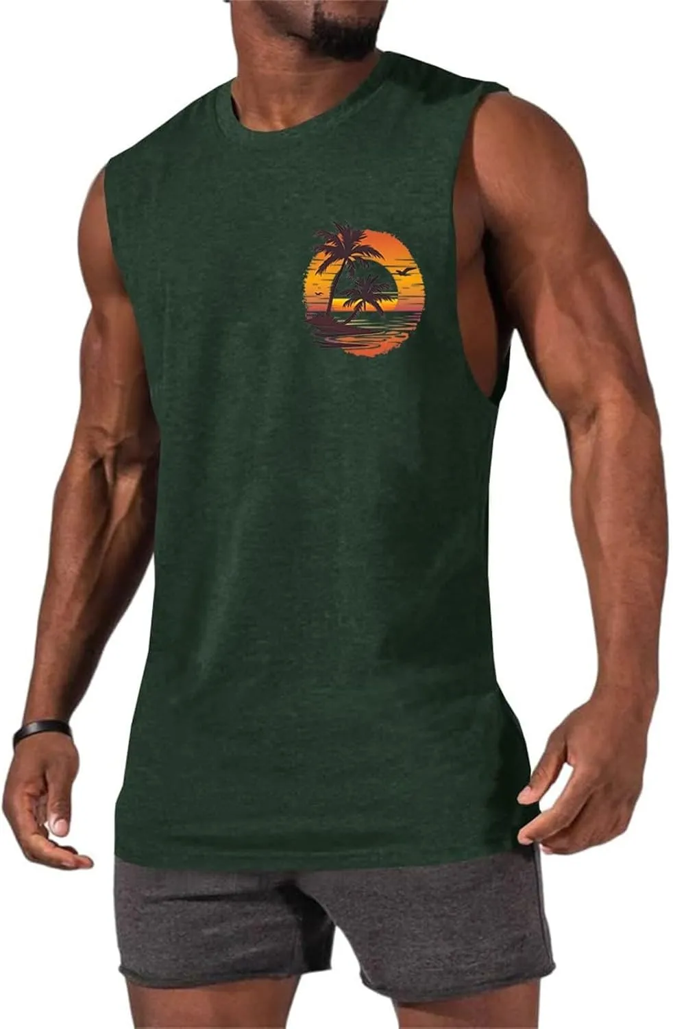 Men's Workout Sleeveless Tank Tops Stylish Gulf of Mexico Print Muscle Cut Off Shirt Summer Casual Beach Vacation Top
