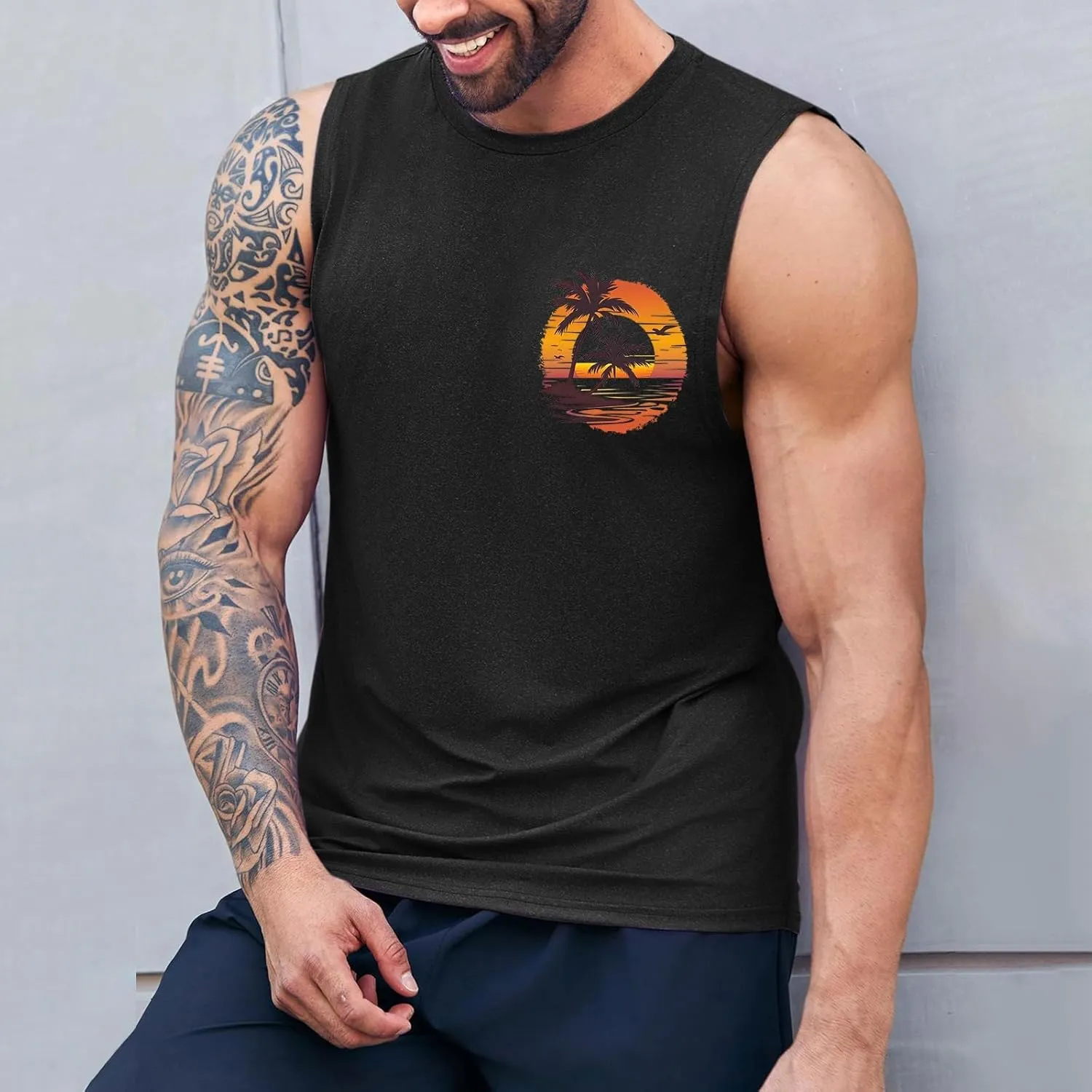 Men's Workout Sleeveless Tank Tops Stylish Gulf of Mexico Print Muscle Cut Off Shirt Summer Casual Beach Vacation Top