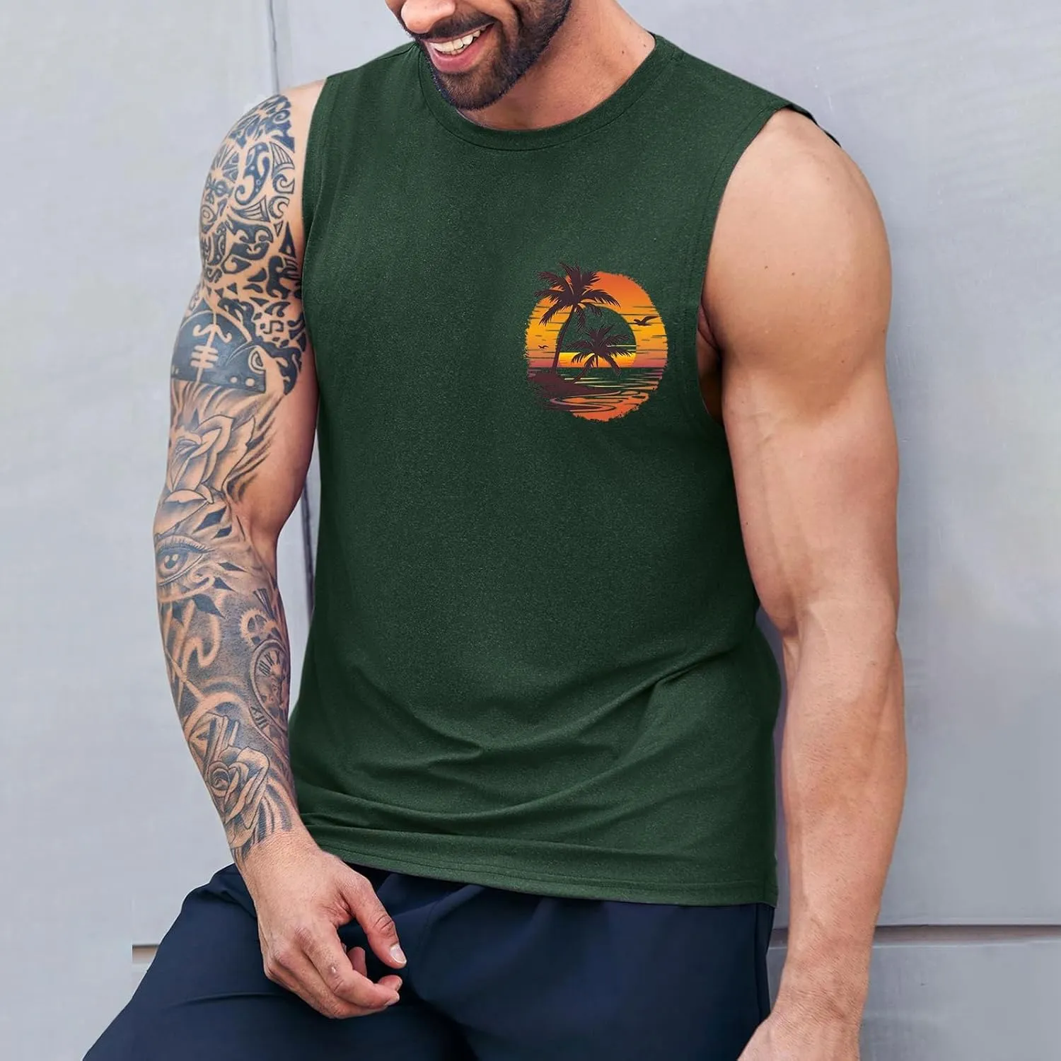 Men's Workout Sleeveless Tank Tops Stylish Gulf of Mexico Print Muscle Cut Off Shirt Summer Casual Beach Vacation Top