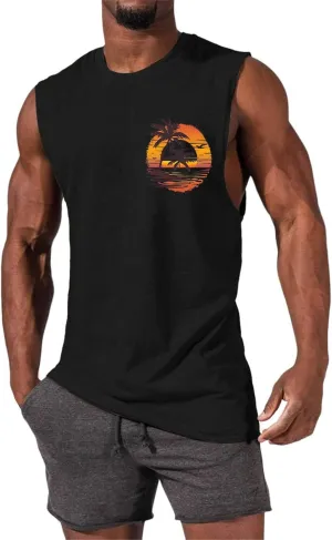 Men's Workout Sleeveless Tank Tops Stylish Gulf of Mexico Print Muscle Cut Off Shirt Summer Casual Beach Vacation Top