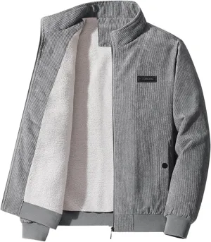 Mens Zip Up Corduroy Sweatshirt Long Sleeve Oversized Quilted Outdoor Trendy Jacket Cold Weather Warm Comfy Outerwear Winter Jackets for Men,Grey,XL