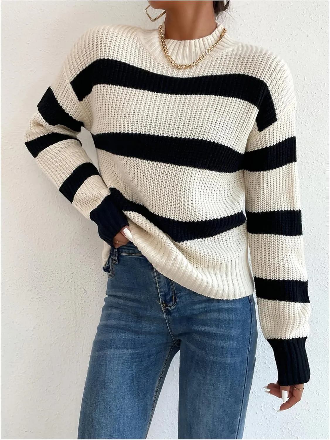Milumia Women's Striped Print Mock Neck Long Sleeve Drop Shoulder Knit Sweaters