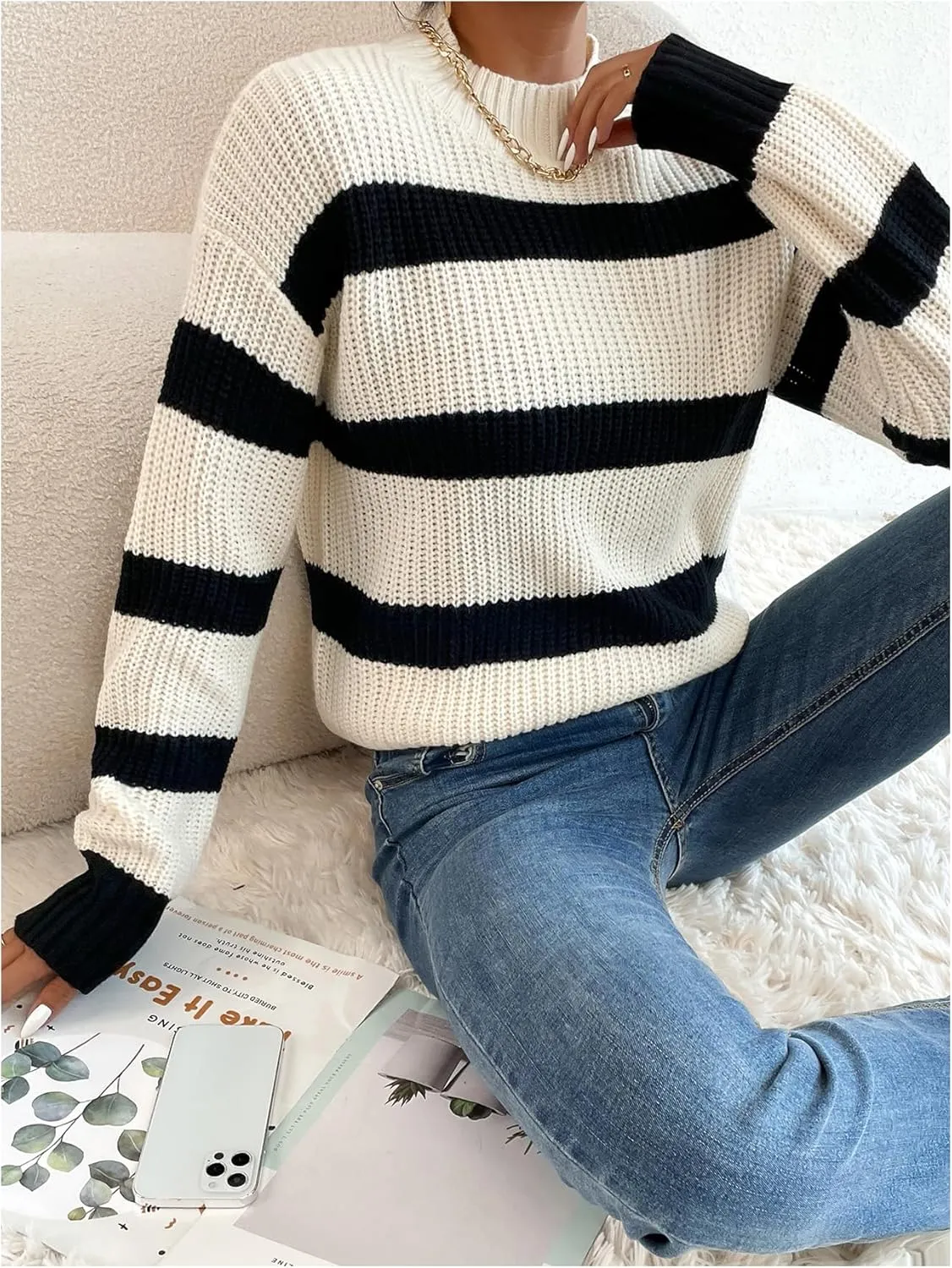 Milumia Women's Striped Print Mock Neck Long Sleeve Drop Shoulder Knit Sweaters