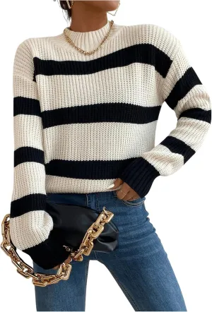 Milumia Women's Striped Print Mock Neck Long Sleeve Drop Shoulder Knit Sweaters