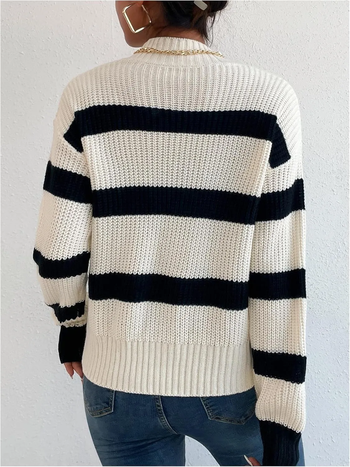 Milumia Women's Striped Print Mock Neck Long Sleeve Drop Shoulder Knit Sweaters