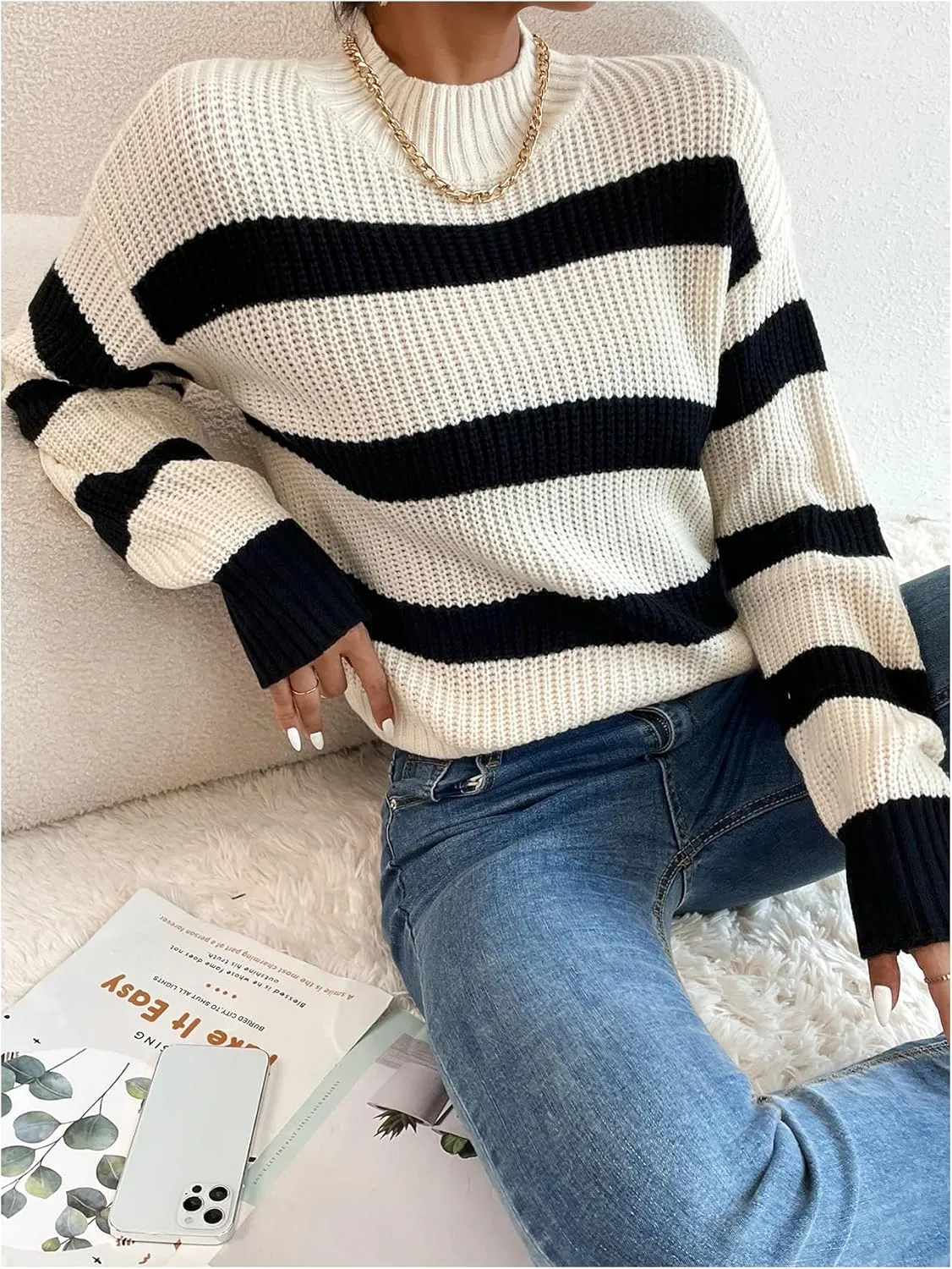 Milumia Women's Striped Print Mock Neck Long Sleeve Drop Shoulder Knit Sweaters