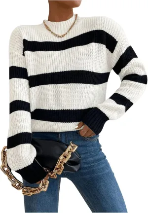 Milumia Women's Striped Print Mock Neck Long Sleeve Drop Shoulder Knit Sweaters