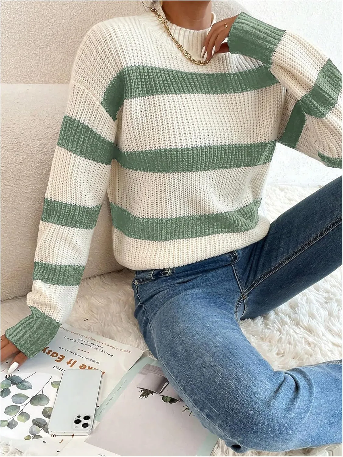 Milumia Women's Striped Print Mock Neck Long Sleeve Drop Shoulder Knit Sweaters