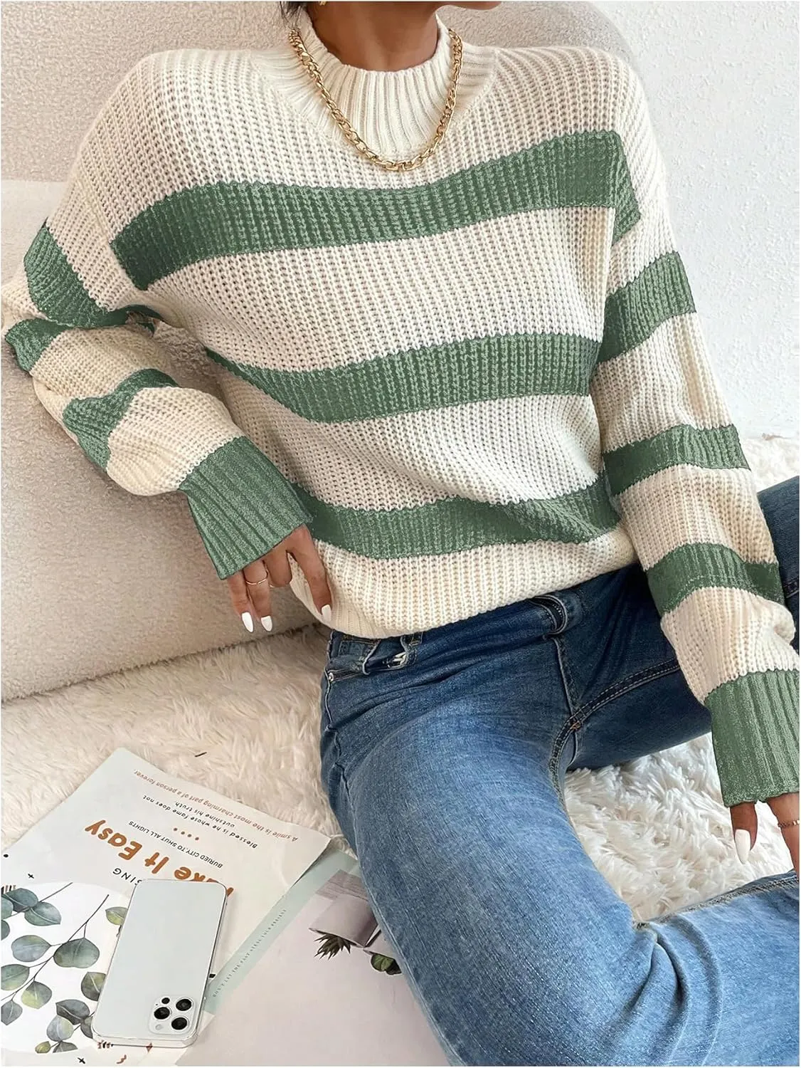 Milumia Women's Striped Print Mock Neck Long Sleeve Drop Shoulder Knit Sweaters