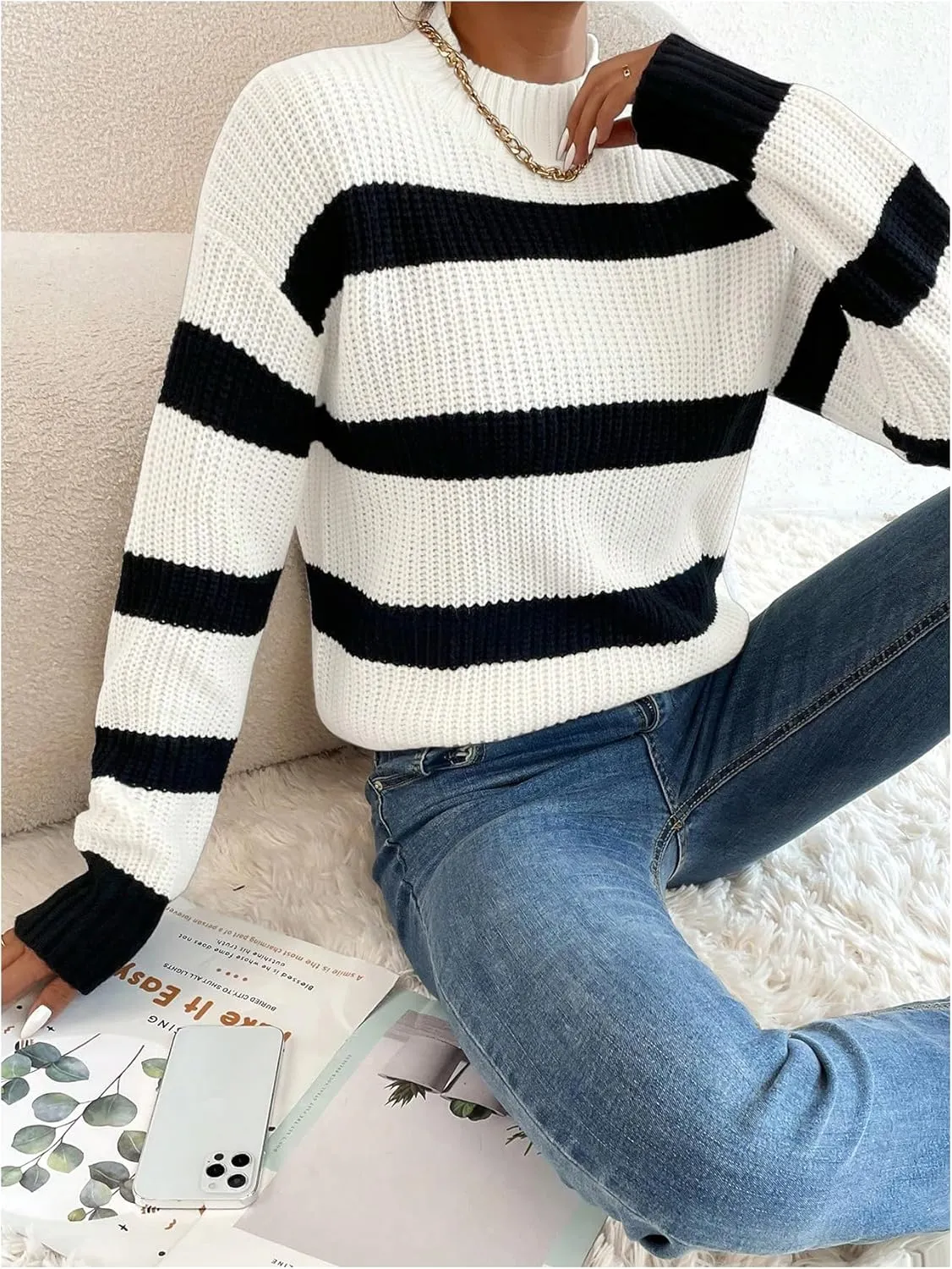 Milumia Women's Striped Print Mock Neck Long Sleeve Drop Shoulder Knit Sweaters
