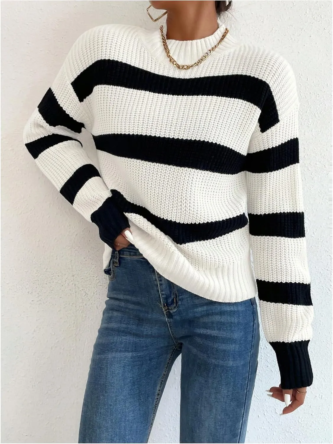 Milumia Women's Striped Print Mock Neck Long Sleeve Drop Shoulder Knit Sweaters