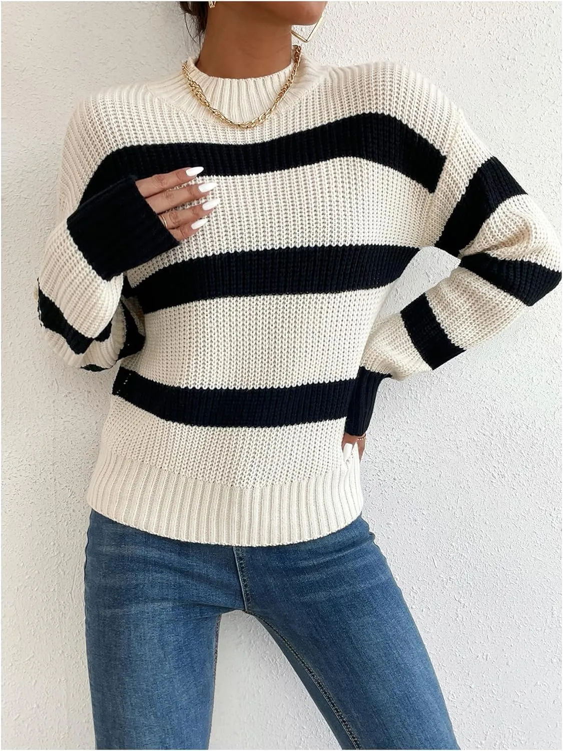 Milumia Women's Striped Print Mock Neck Long Sleeve Drop Shoulder Knit Sweaters
