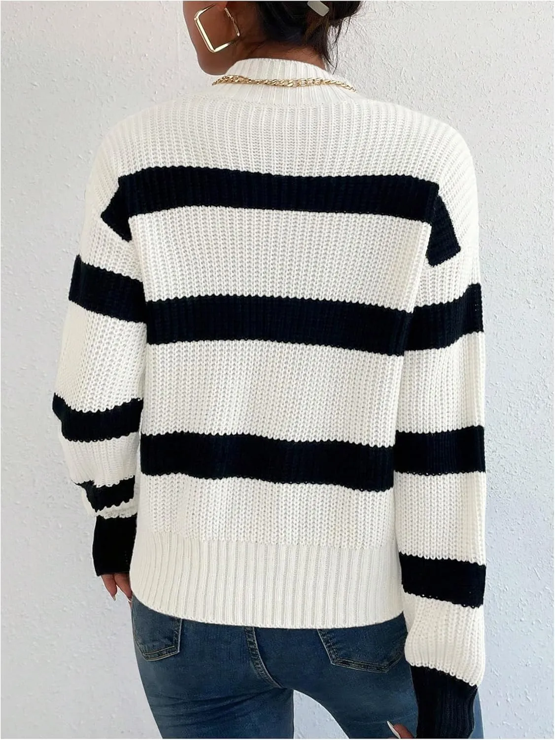 Milumia Women's Striped Print Mock Neck Long Sleeve Drop Shoulder Knit Sweaters