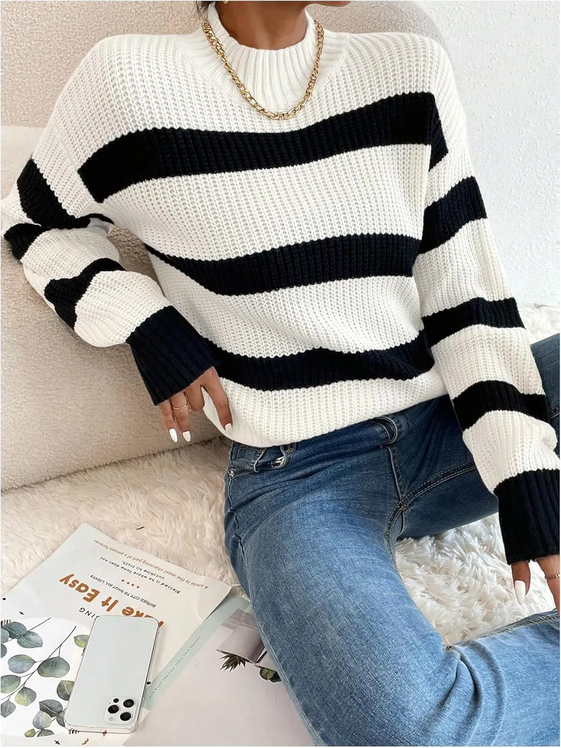 Milumia Women's Striped Print Mock Neck Long Sleeve Drop Shoulder Knit Sweaters