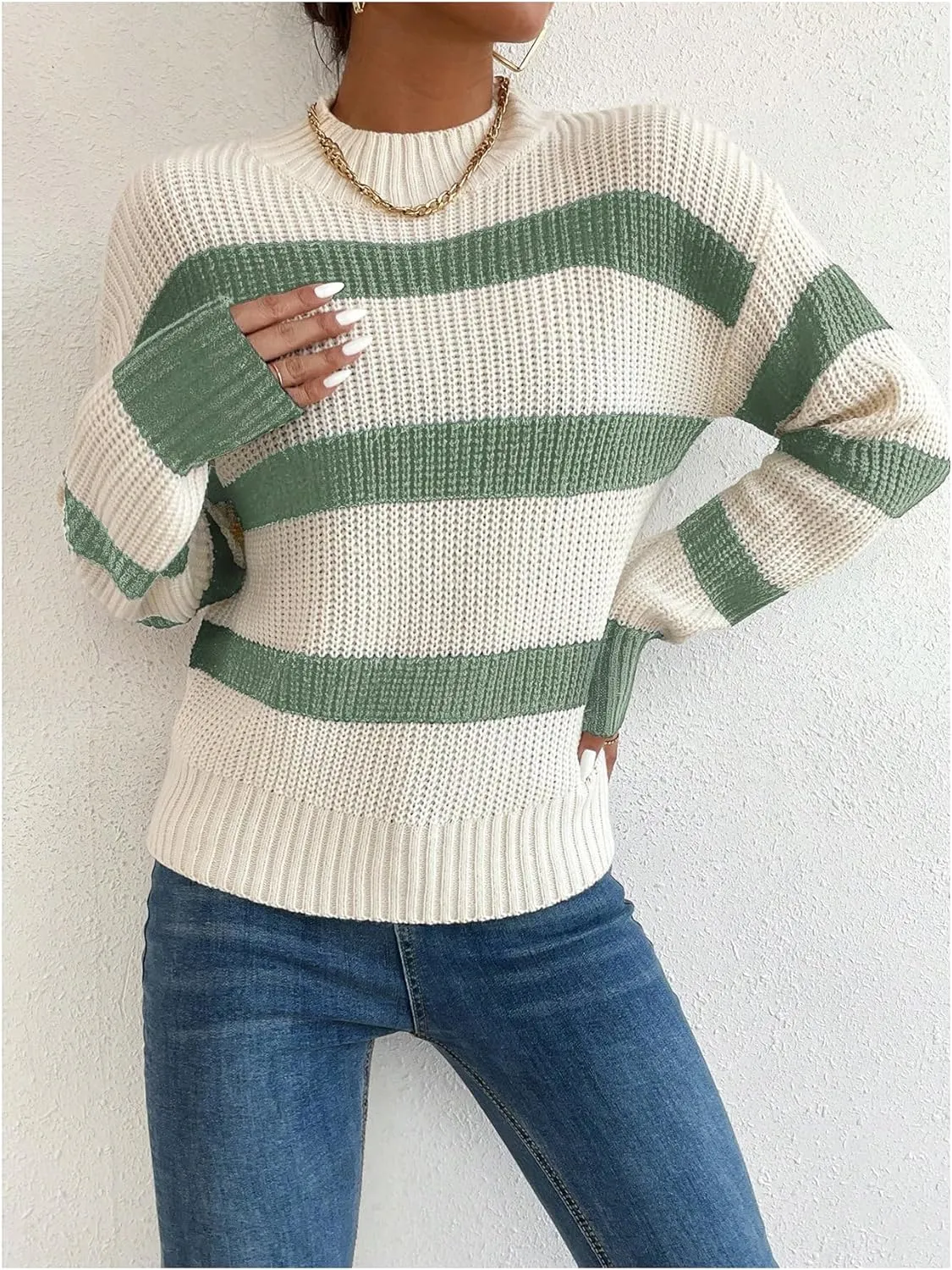 Milumia Women's Striped Print Mock Neck Long Sleeve Drop Shoulder Knit Sweaters