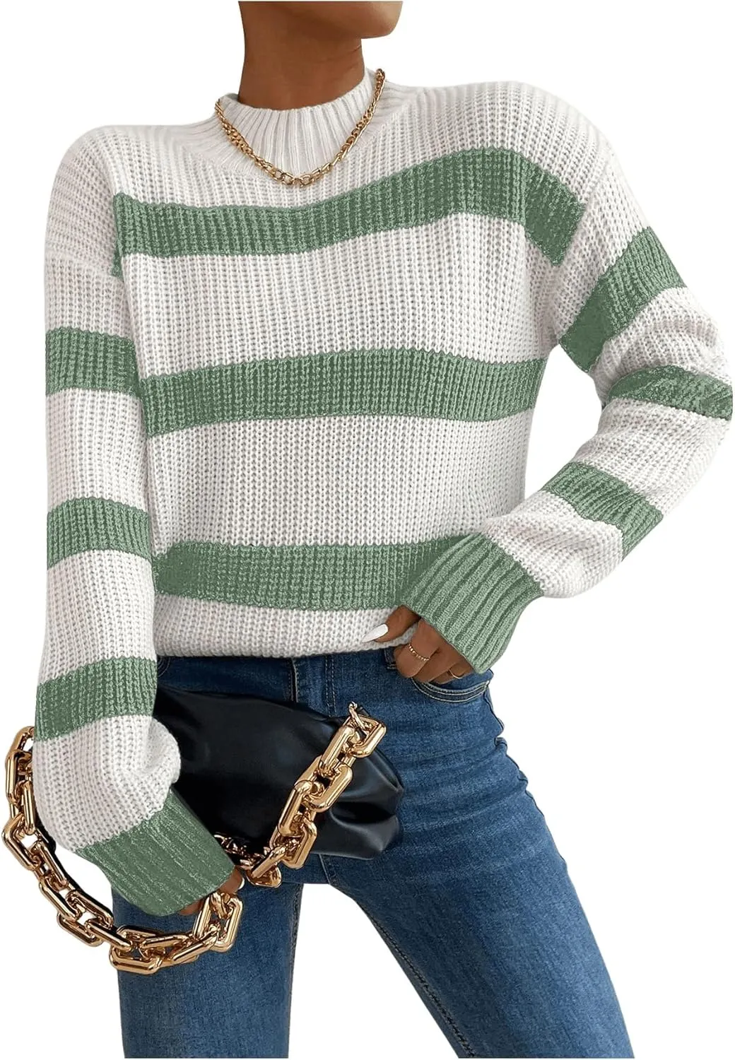 Milumia Women's Striped Print Mock Neck Long Sleeve Drop Shoulder Knit Sweaters