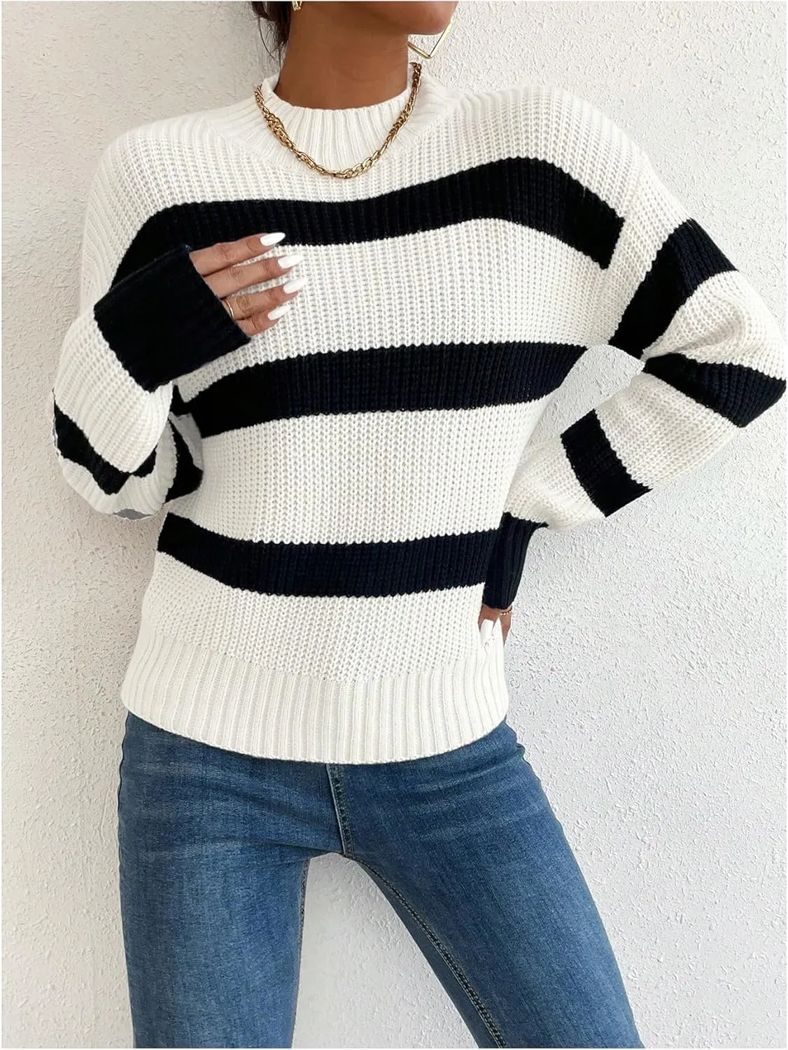 Milumia Women's Striped Print Mock Neck Long Sleeve Drop Shoulder Knit Sweaters
