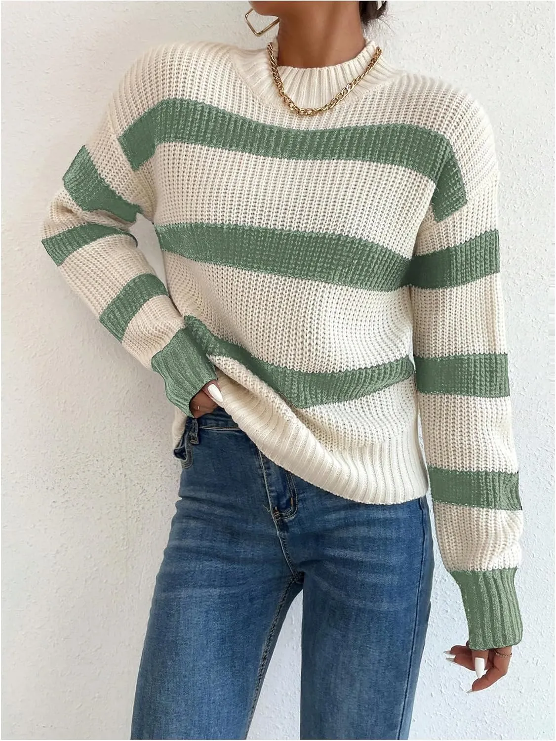 Milumia Women's Striped Print Mock Neck Long Sleeve Drop Shoulder Knit Sweaters