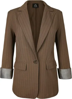 M.Infisavo Women's Casual Blazer for Work Office Loose Lapel Collar Stripe Open Front Stretch Dressy Business Jacket Suit