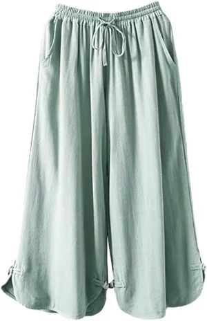 Minibee Women's Linen Pants Drawstring Waist Wide Leg Trousers with Frog Button