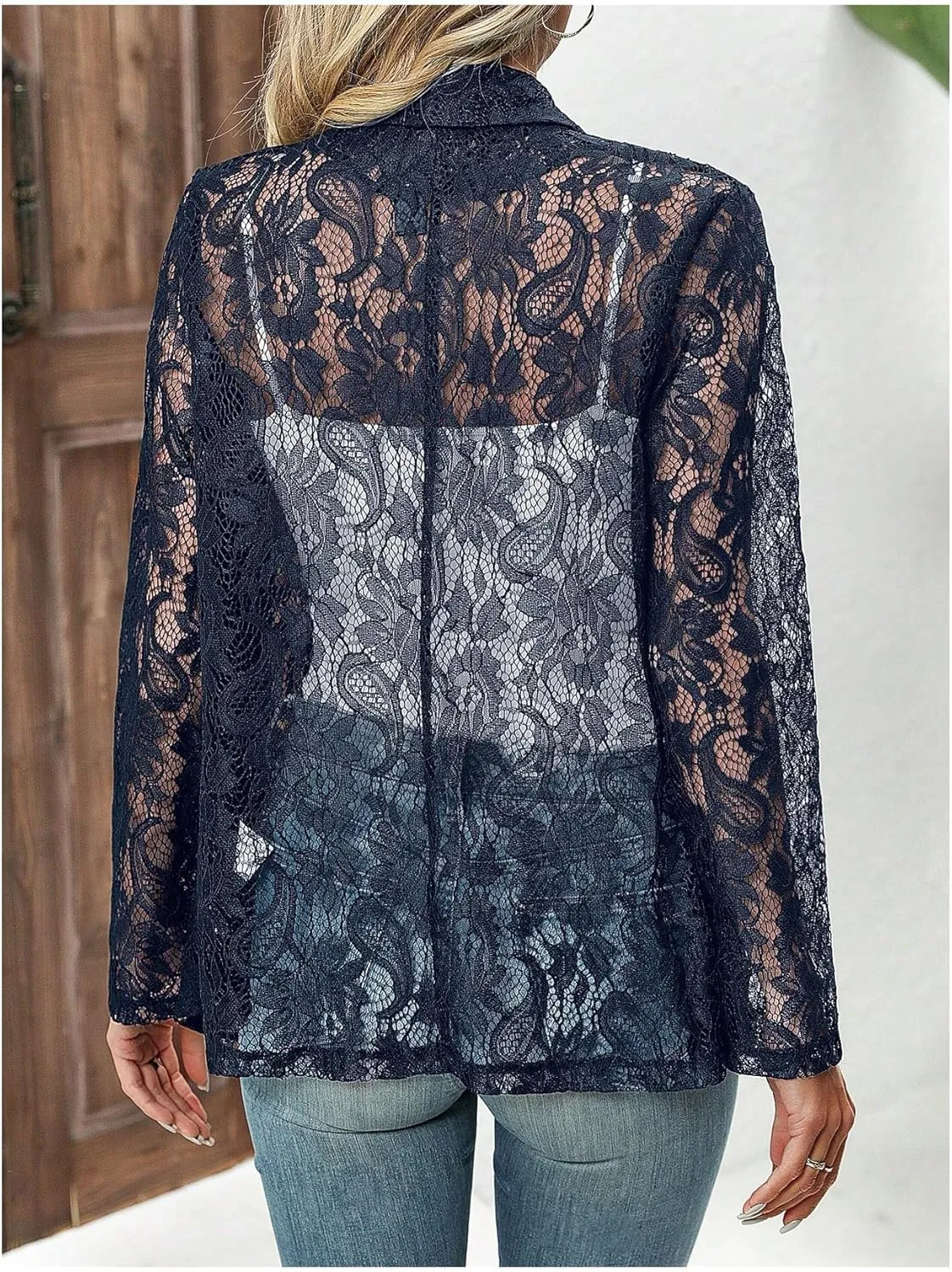 MINTLIMIT Women's Lace Blazer Open Front Button Down Sheer Mesh Blazer Elegant 3/4 Sleeve Casual Blazers Jacket