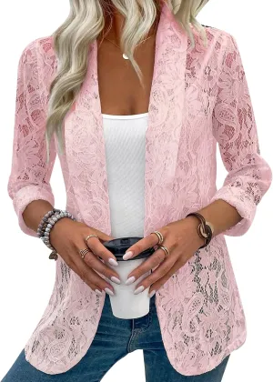 MINTLIMIT Women's Lace Blazer Open Front Button Down Sheer Mesh Blazer Elegant 3/4 Sleeve Casual Blazers Jacket