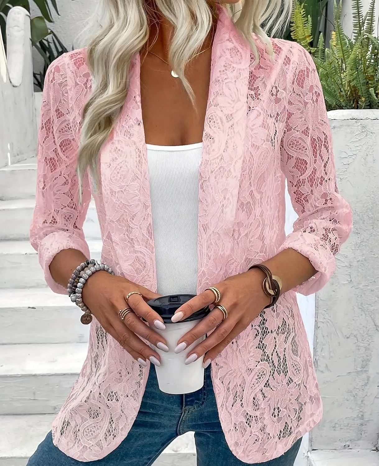 MINTLIMIT Women's Lace Blazer Open Front Button Down Sheer Mesh Blazer Elegant 3/4 Sleeve Casual Blazers Jacket