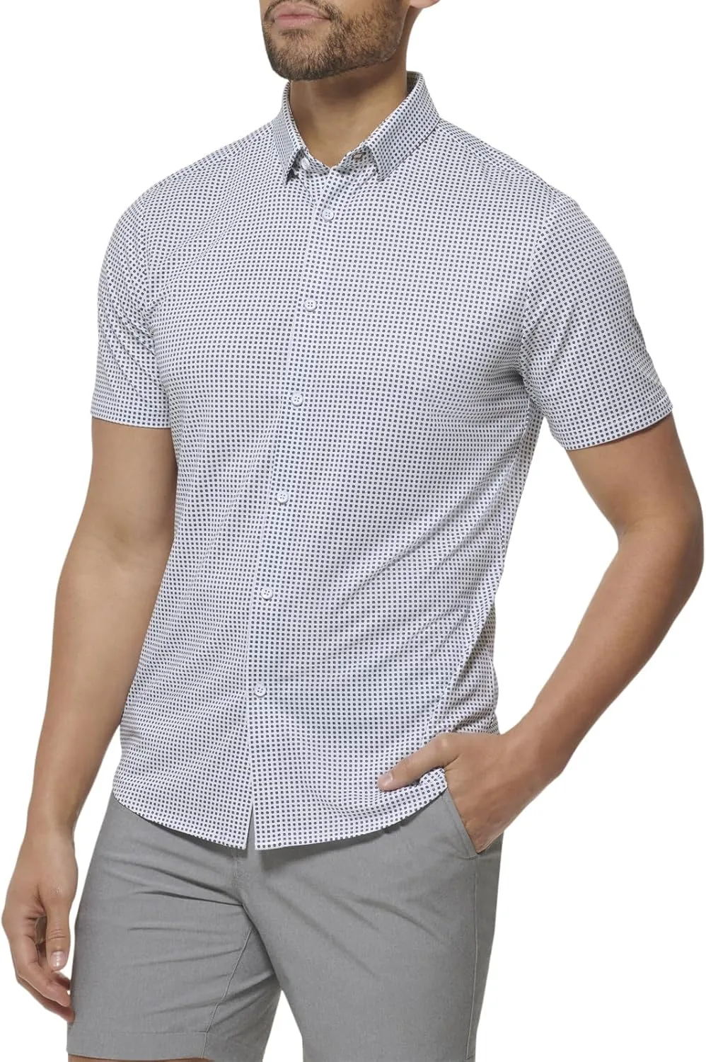 Mizzen Main Halyard No Tuck Men's Wrinkle-Free Short-Sleeve Performance Dress Shirt, Blue Geo Twill Print