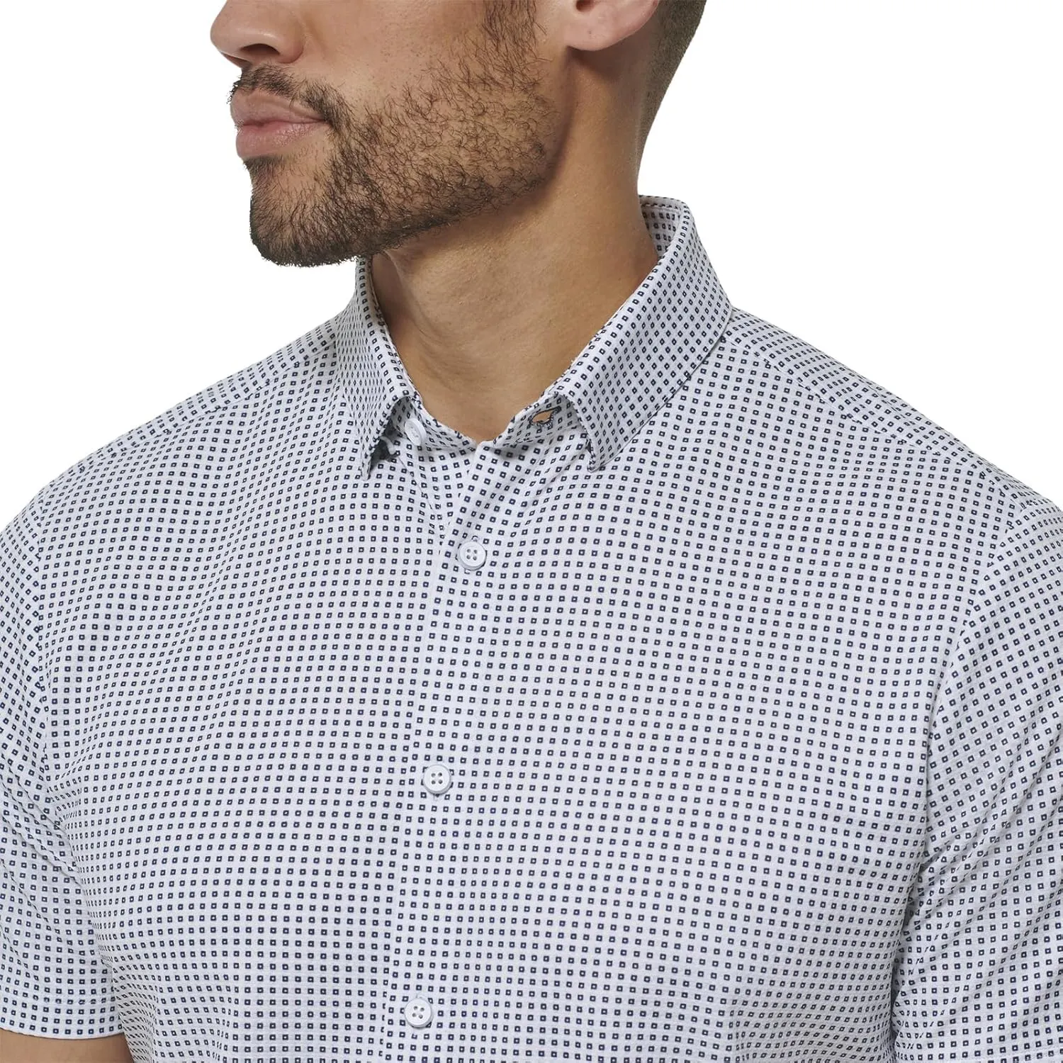 Mizzen Main Halyard No Tuck Men's Wrinkle-Free Short-Sleeve Performance Dress Shirt, Blue Geo Twill Print