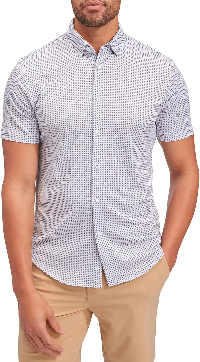 Mizzen Main Halyard No Tuck Men's Wrinkle-Free Short-Sleeve Performance Dress Shirt, Blue Geo Twill Print