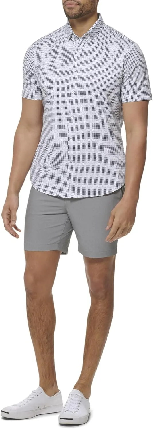 Mizzen Main Halyard No Tuck Men's Wrinkle-Free Short-Sleeve Performance Dress Shirt, Blue Geo Twill Print