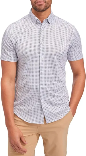 Mizzen Main Halyard No Tuck Men's Wrinkle-Free Short-Sleeve Performance Dress Shirt, Blue Geo Twill Print