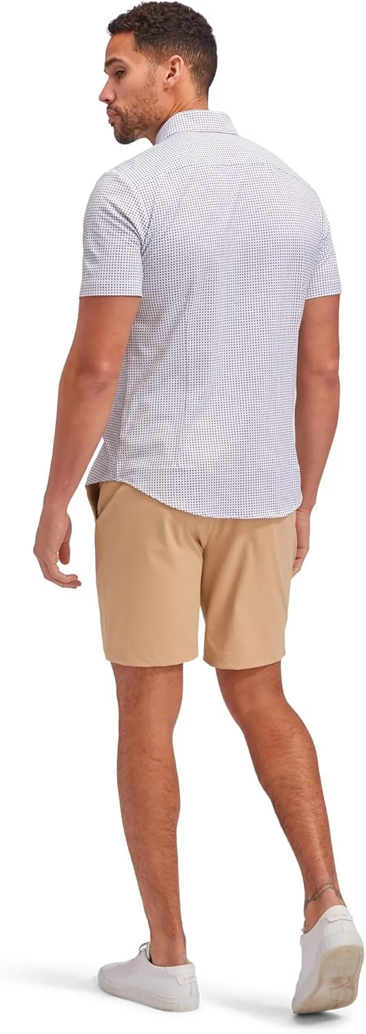 Mizzen Main Halyard No Tuck Men's Wrinkle-Free Short-Sleeve Performance Dress Shirt, Blue Geo Twill Print