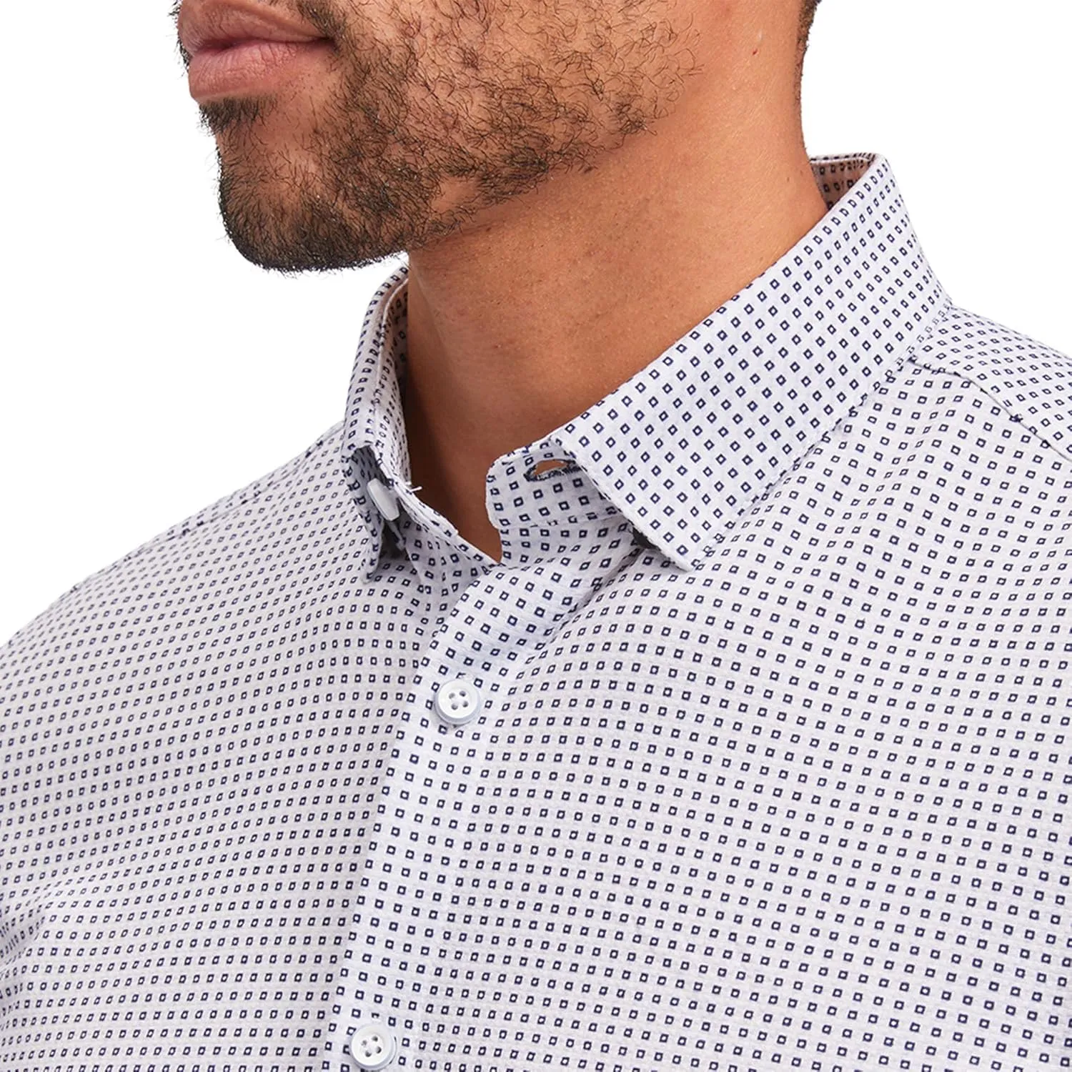 Mizzen Main Halyard No Tuck Men's Wrinkle-Free Short-Sleeve Performance Dress Shirt, Blue Geo Twill Print