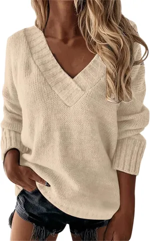 Oversized Sweater for Women Sexy Deep V Neck Cable Knit Sweaters Long Sleeve Loose Jumper Tunic Pullover Tops