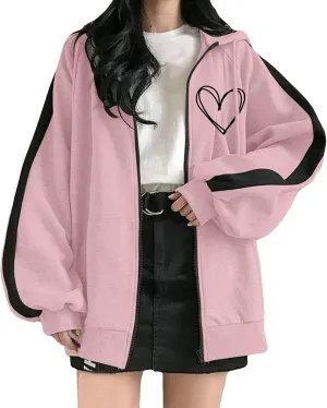 Oversized Sweatshirt For Women Trendy Zip Up Hoodies Women Oversized Heart Graphic Long Sleeve Drawstring Pocket Jacket Casual Fashion Sweatshirts Pink Medium
